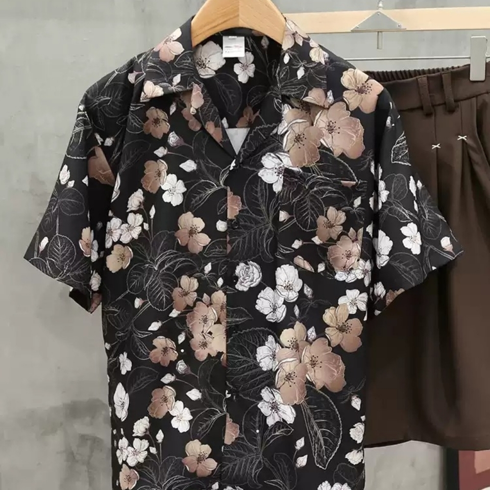 Black Cherry Blossom Camp Collar Shirt